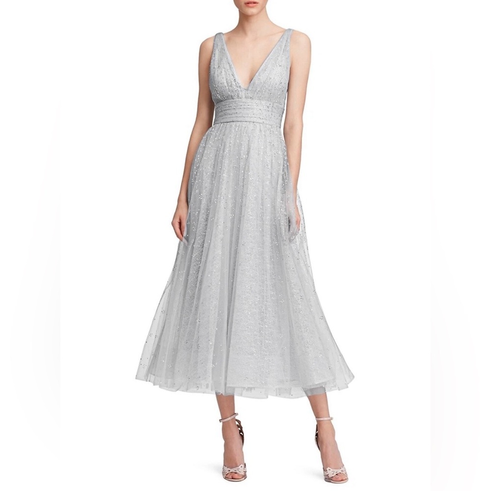 Marchesa Notte New V Neck Glitter Tulle Midi Gown Size 12 $795.00
